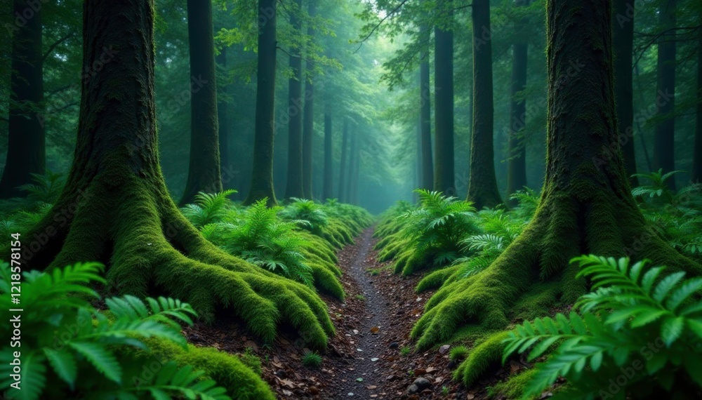 A dark green forest floor covered in ferns and moss, gloomy forest, ferns, forests