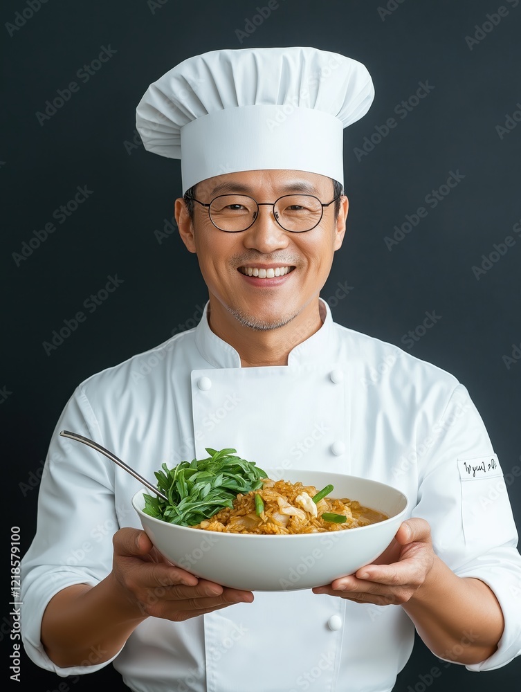 Asian male chef tasting delicious soup with a spoon against a white background in a kitchen setting Asian male chef tasting delicious soup with a spoon against a white background in a kitchen setting
