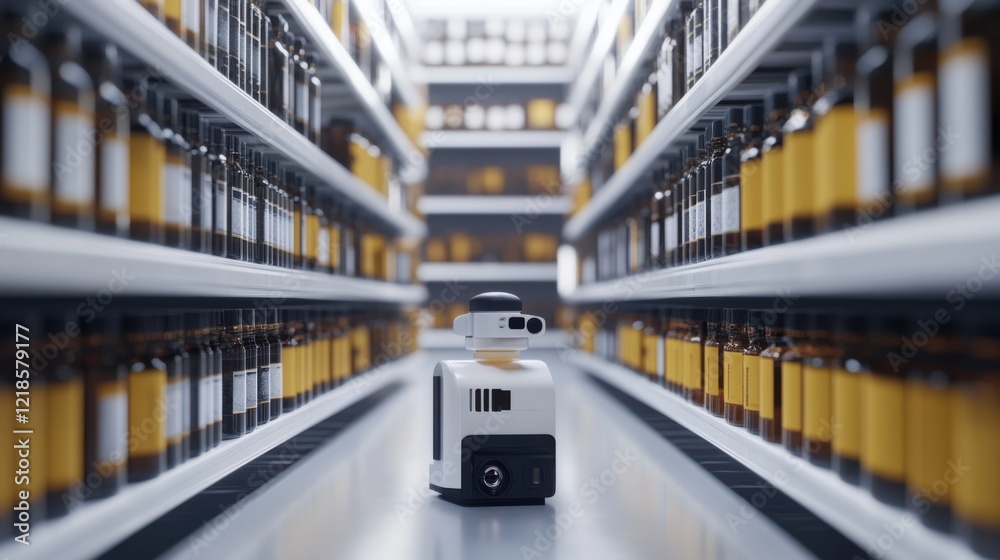 Obraz premium A robotic assistant navigating through a warehouse aisle filled with bottles, enhancing efficiency
