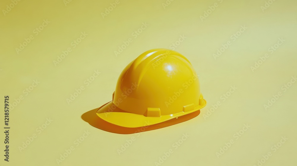 Bright yellow construction helmet resting on a smooth yellow surface in a minimalistic setting Bright yellow construction helmet resting on a smooth yellow surface in a minimalistic setting
