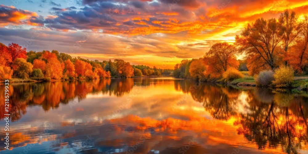 Obraz premium Vibrant orange hues of sunset reflected on calm river waters as autumn leaves begin to fall, nature