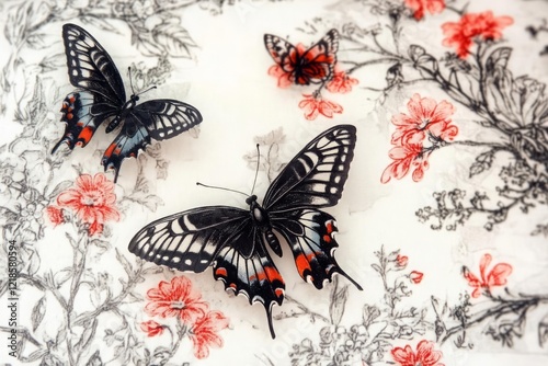 Digital pattern of Butterfly Garden Toile de Jouy, capturing the beauty and intricacy of butterflies and botanical elements. photo