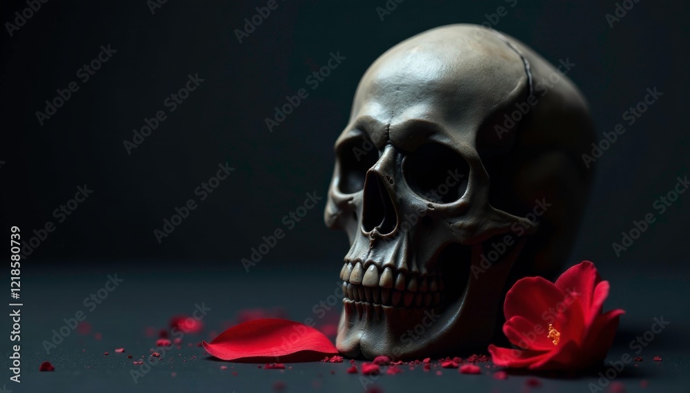 Fototapeta premium A dark skull with a single red rose petal at its base, darkskull, flower, rose