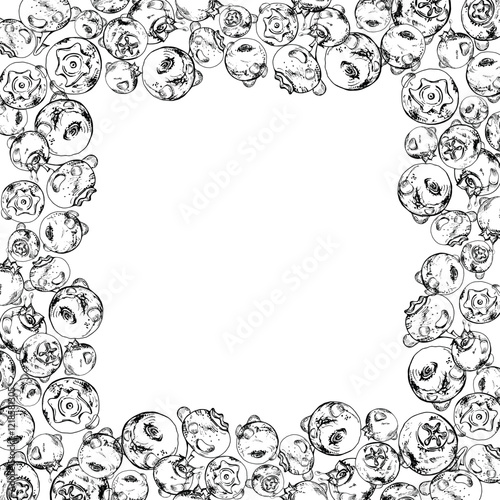 Blueberry blackberry, hand drawn in ink vector, group of scattered ripe forest berry with drops, blue and sketch. Border frame isolated illustration, for restaurant, cafe menu, wedding, farmers market