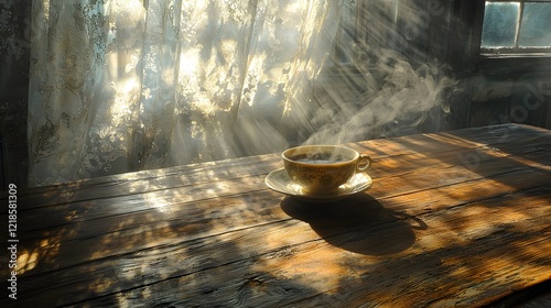 A steaming cup of coffee on a wooden table, sunlight streaming through sheer curtains, the steam swirling like a spellbinding mist photo