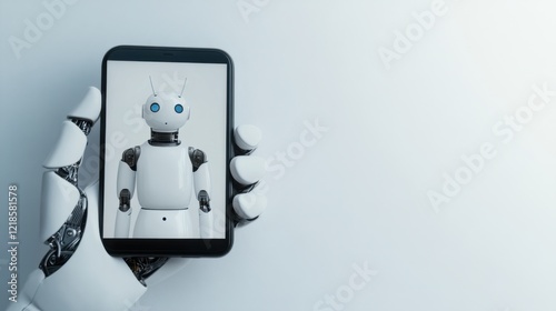 Wallpaper Mural A robotic hand holding a smartphone displaying a humanoid robot against a minimalist background Torontodigital.ca