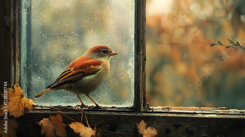A bird perched on a windowsill, its feathers shimmering as it gazes curiously inside