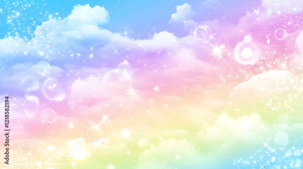 Pastel Rainbow Sky Cloudscape With Sparkling Stars And Bubbles Pastel Rainbow Sky Cloudscape With Sparkling Stars And Bubbles