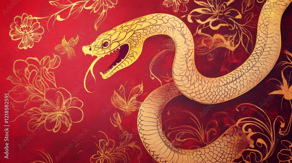 Obraz premium Chinese New Year 2025 banner, golden snake illustration, traditional red and gold tones, oriental-inspired patterns, Chinese zodiac imagery, auspicious design elements, festive celebration theming,