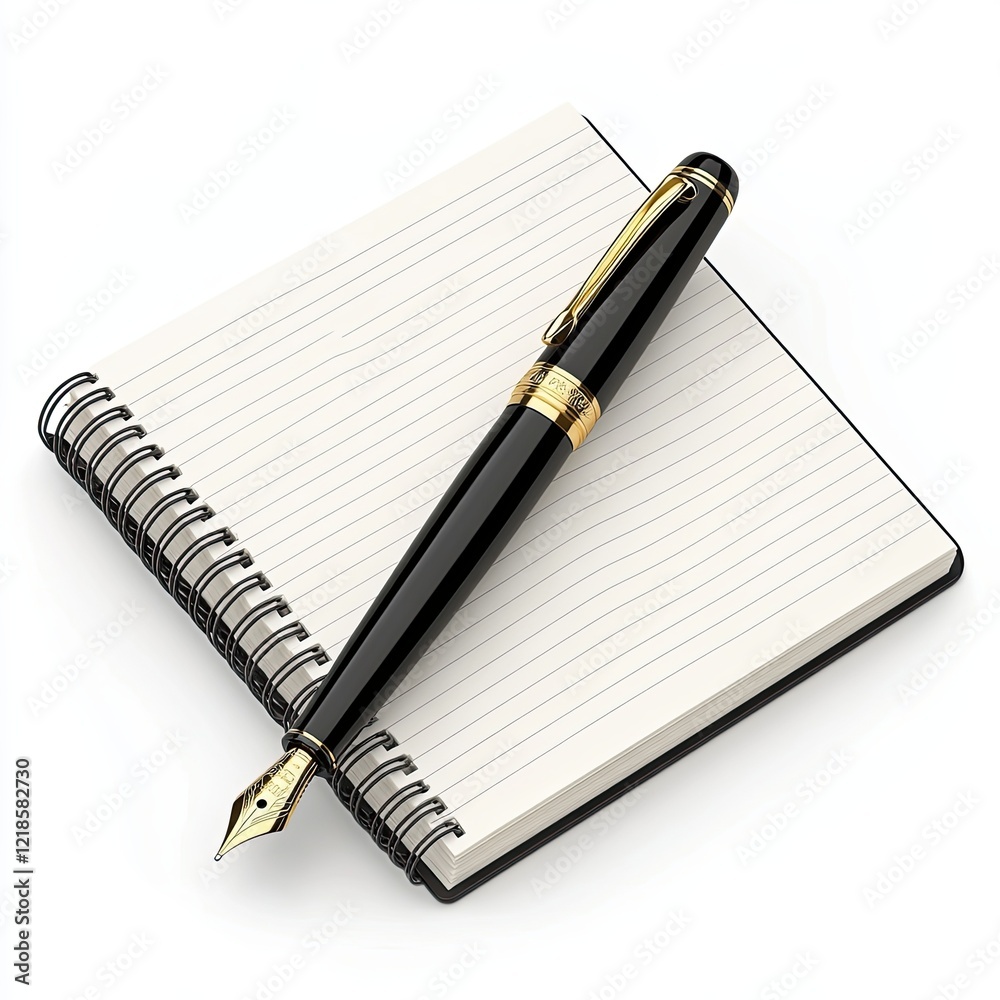 Naklejka premium Classic fountain pen with lined spiral notebook, fountain pen for professional writing, premium stationery set for journaling. Writing tools for creative journaling