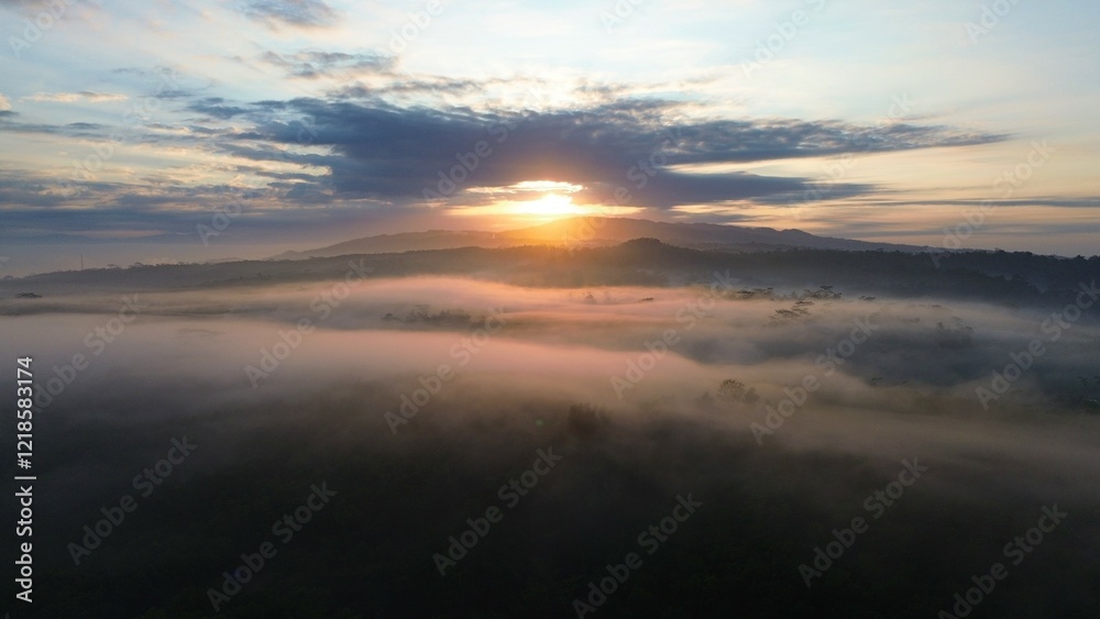 Drone point of view flying over the fog over the forest and trees with the sunrise at golden hour and hills in the morning in the background Drone point of view flying over the fog over the forest and trees with the sunrise at golden hour and hills in the morning in the background