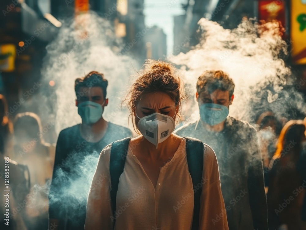 Fototapeta premium People wearing masks in a smoky urban environment.