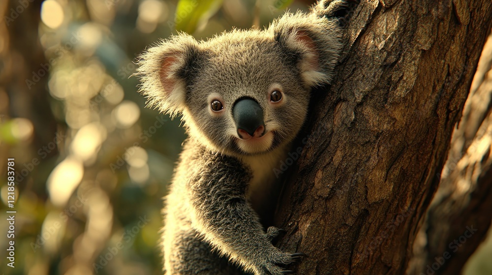 Obraz premium Cute koala cub clinging tree, Australian forest
