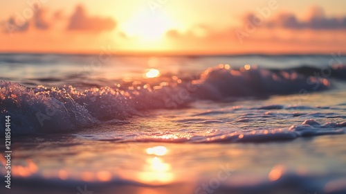 beautiful seascape with gradient sky twilight time pink blue hue, gentle wave clashing on beach with sunset sky	

