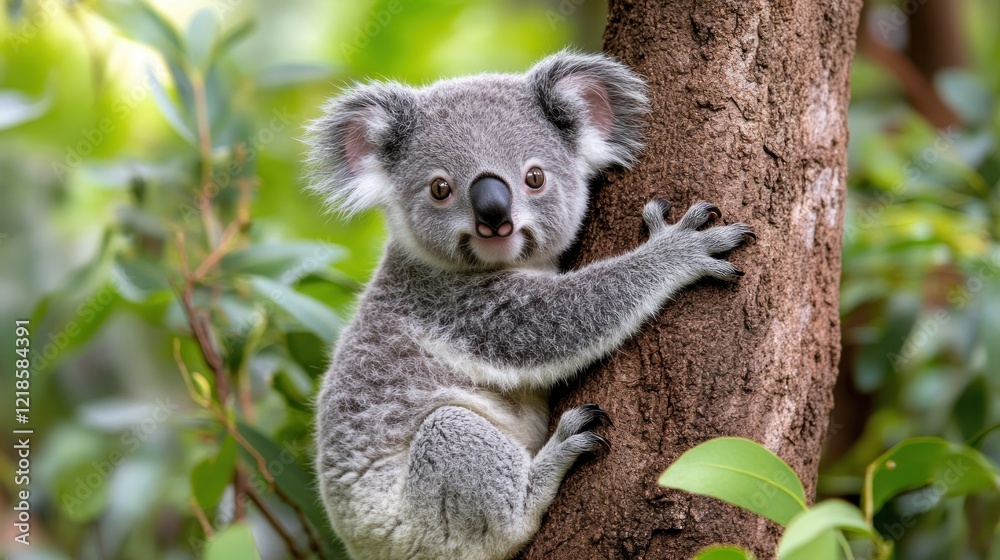 Obraz premium Cute koala joey clings tree, rainforest background, wildlife poster
