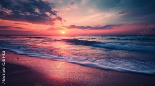 Fototapeta Naklejka Na Ścianę i Meble -  beautiful seascape with gradient sky twilight time pink blue hue, gentle wave clashing on beach with sunset sky	
