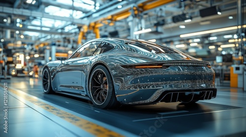 Modern sports car on assembly line in factory.