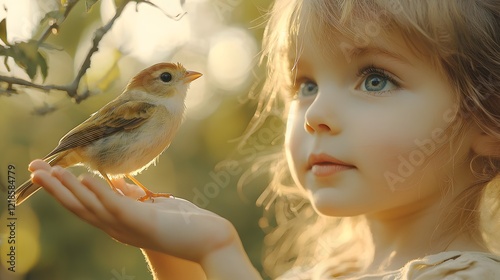 A child staring in awe as a small bird lands on their outstretched hand