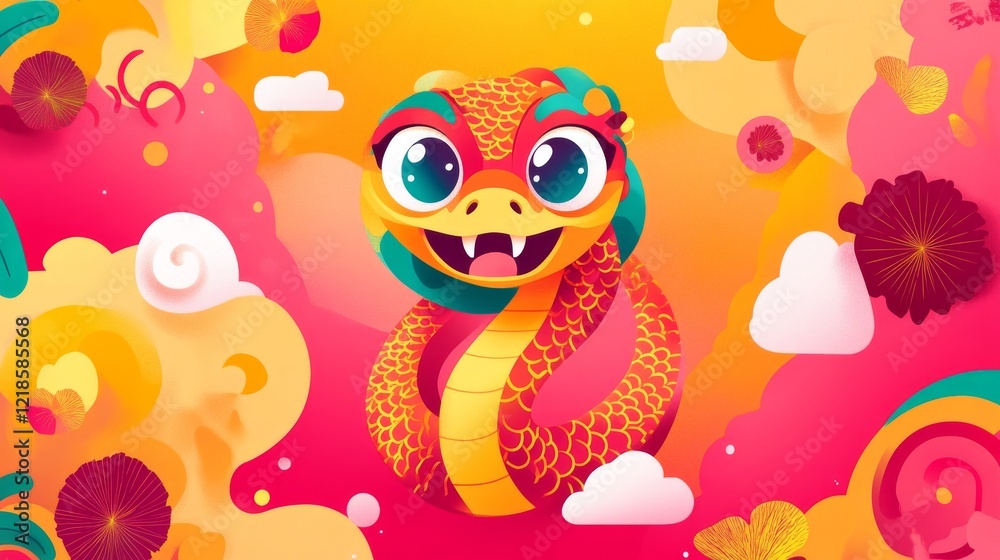 Fototapeta premium Chinese New Year 2025 banner, golden snake illustration, traditional red and gold tones, oriental-inspired patterns, Chinese zodiac imagery, auspicious design elements, festive celebration theming,