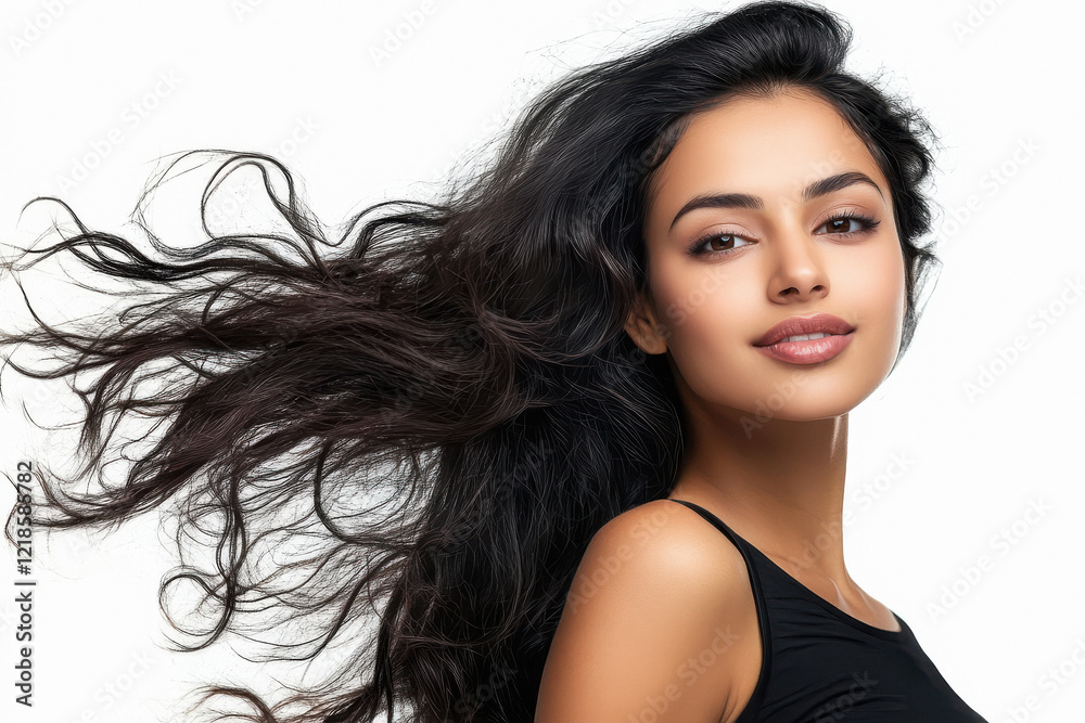 Naklejka premium young indian woman standing with flowing hair on white background