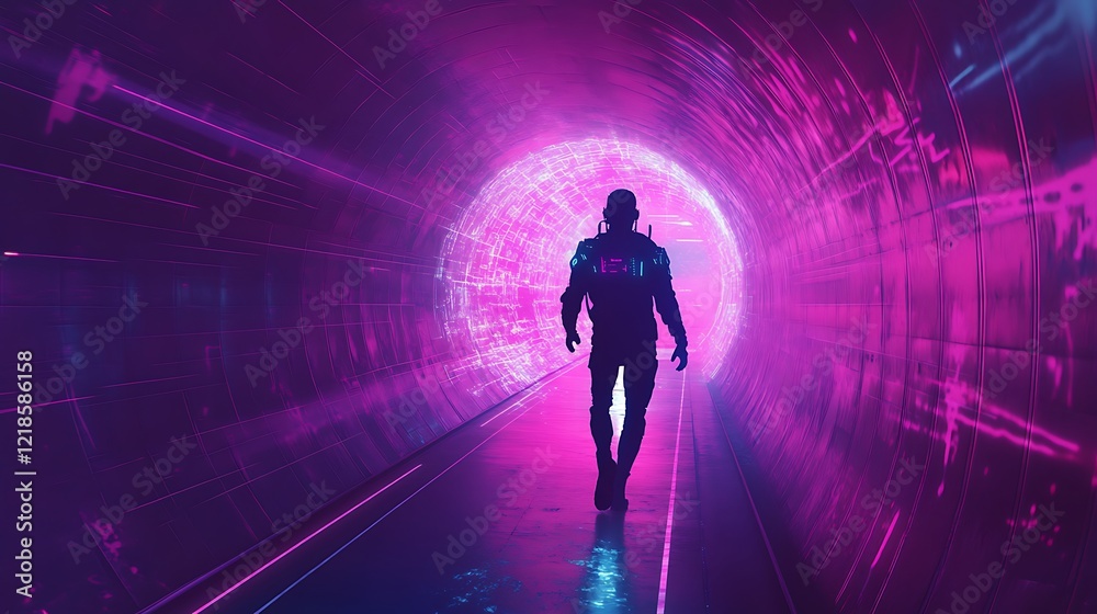 A Silhouette of a Person Walking Through a Neon Pink Tunnel A Silhouette of a Person Walking Through a Neon Pink Tunnel