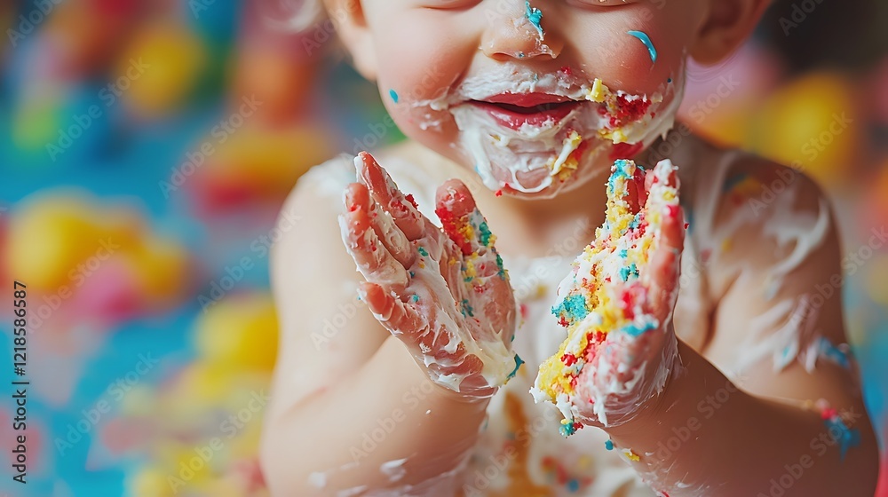 A toddler clapping their hands as they smash a small birthday cake, frosting smeared everywhere A toddler clapping their hands as they smash a small birthday cake, frosting smeared everywhere