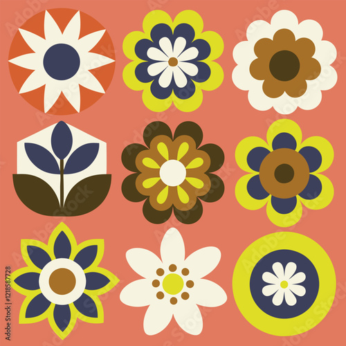 Colorful flower pattern with vintage-inspired bold hues