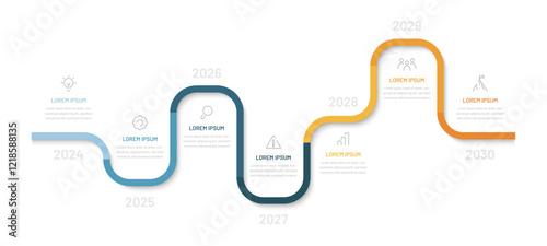 A seven-step timeline or chart. Infographics for a presentation or website. Stages of goal achievement, forecasting of results. Modern infographics for business