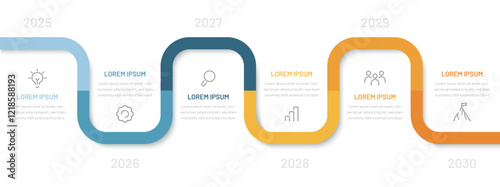 Infographic in the form of a road or timeline. A diagram for a presentation, website, or booklet. Modern six-step infographics with editable icons