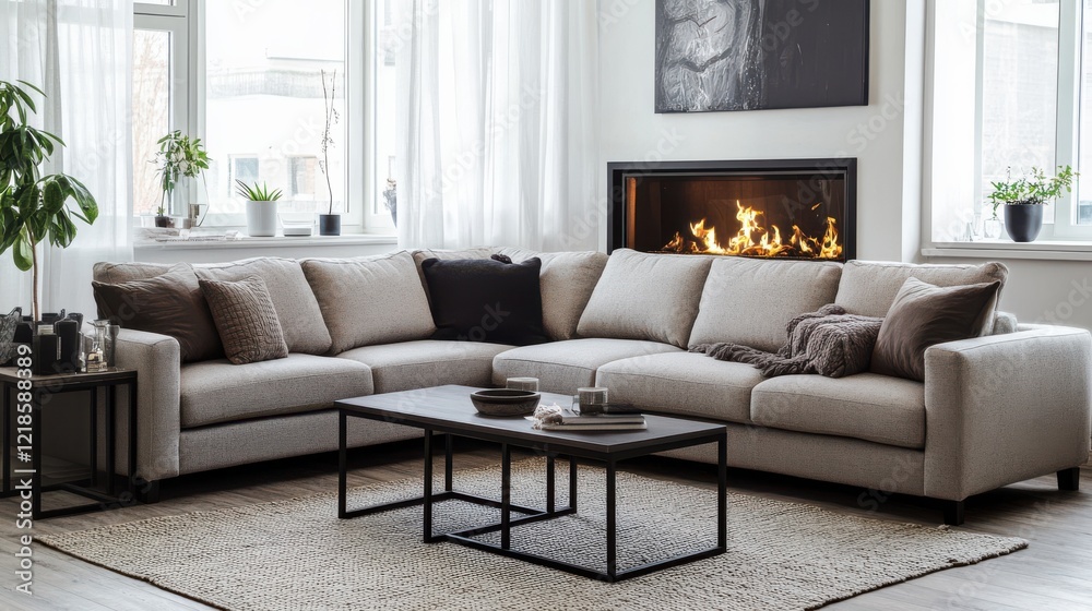 Fototapeta premium Cozy Living Room With A Sectional Sofa, Fireplace, And Coffee Table. Natural Light And Neutral Colors Create A Calm Atmosphere.