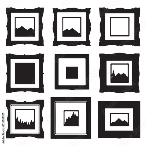 A collection of black picture frames in various shapes and styles, perfect for graphic design, web design, or print media.