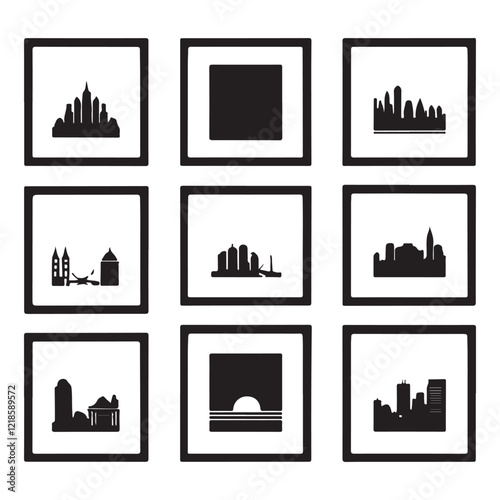 A collection of black picture frames in various shapes and styles, perfect for graphic design, web design, or print media.