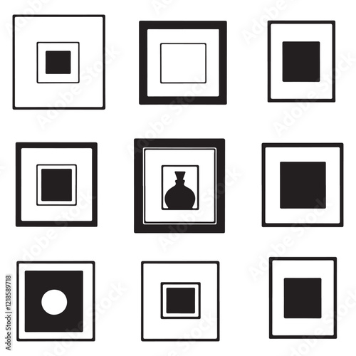 A collection of black picture frames in various shapes and styles, perfect for graphic design, web design, or print media.