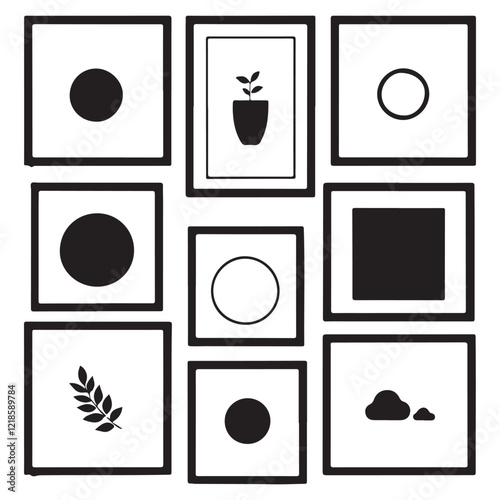 A collection of black picture frames in various shapes and styles, perfect for graphic design, web design, or print media.