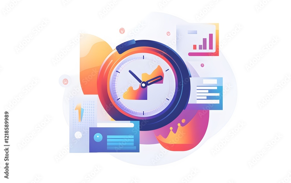 A vibrant digital illustration depicting a clock intertwined with data charts and documents, symbolizing time management and productivity in a modern business environment. A vibrant digital illustration depicting a clock intertwined with data charts and documents, symbolizing time management and productivity in a modern business environment.