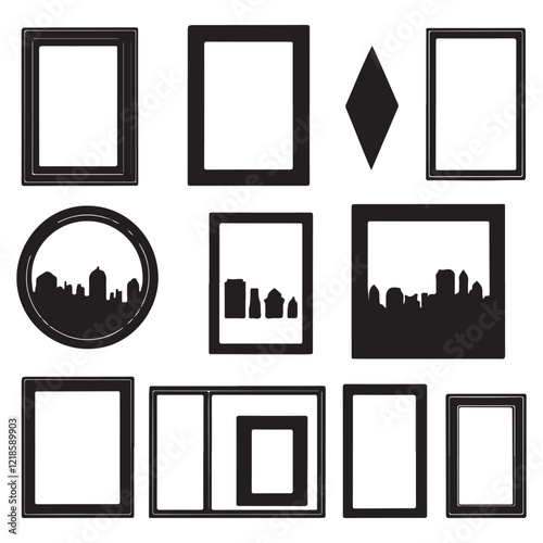 A collection of black picture frames in various shapes and styles, perfect for graphic design, web design, or print media.
