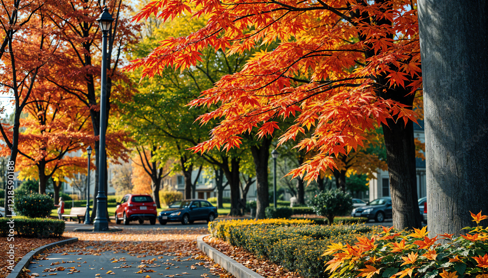 Naklejka premium City park in autumn with vibrant leaves