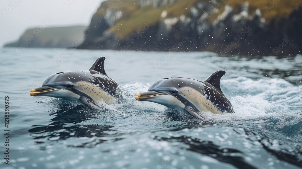 Fototapeta premium Dolphins leaping, coastal waters, cliffs, ocean
