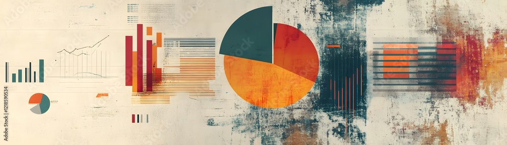 Naklejka premium Abstract data visualization featuring colorful pie charts and bar graphs on a textured background, ideal for presentations, reports, and modern design projects.