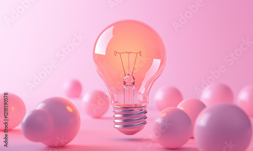 A glowing light bulb surrounded by soft pink spheres, creating a warm, creative atmosphere.