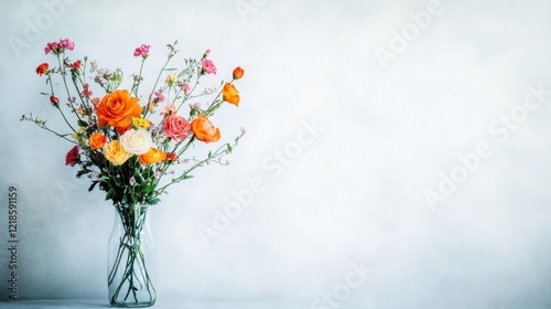 Vibrant bouquet of colorful flowers in clear glass vase