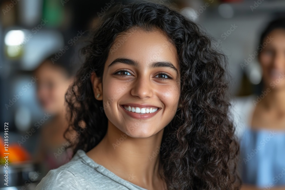 Fototapeta premium Young woman with curly hair smiles joyfully in a vibrant cafe during daytime with friends in the background