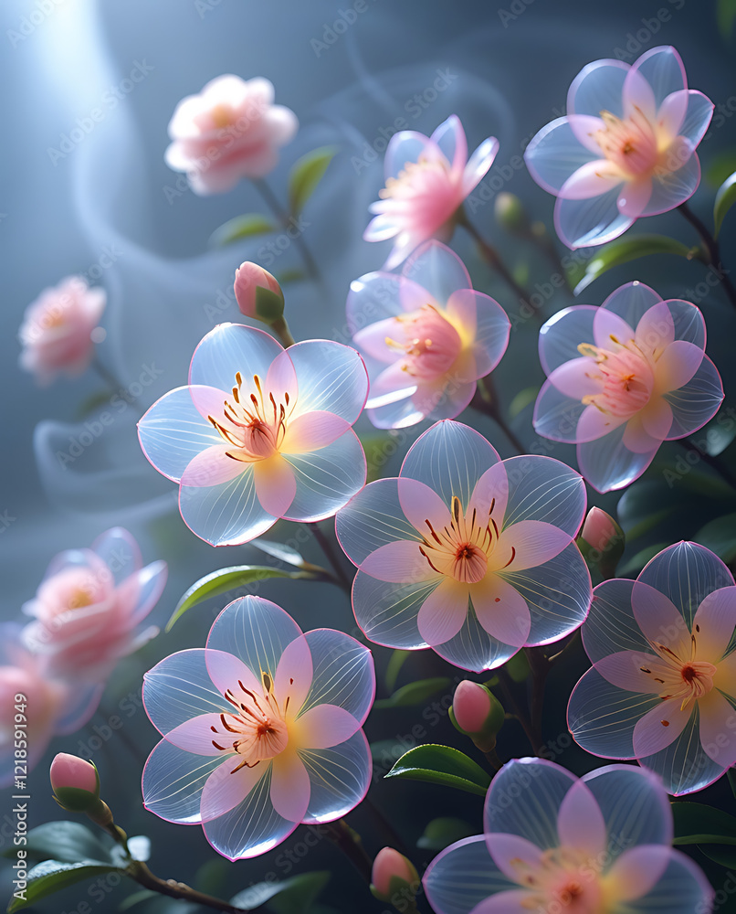 A beautiful camellia flower with a spectrum theme and enchanting smoke. Created with generative AI A beautiful camellia flower with a spectrum theme and enchanting smoke. Created with generative AI