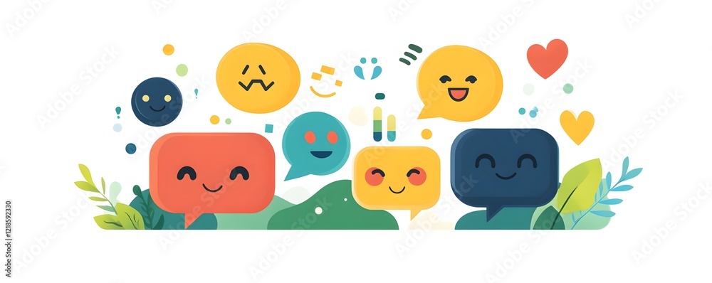 Obraz premium Colorful illustrations of diverse speech bubbles depicting various emotions. Ideal for conveying communication, connection, and emotional expression in digital media.