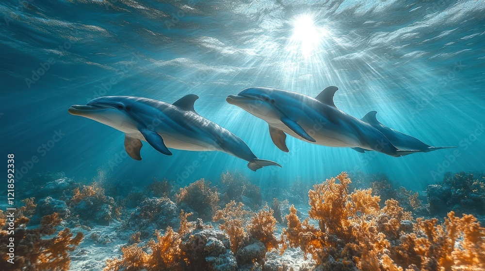 Obraz premium Dolphins swim coral reef, sunlit ocean