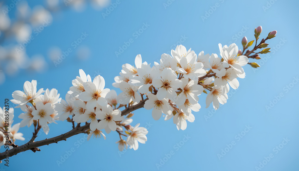 Close-up of blooming cherry blossoms against a bright blue sky Close-up of blooming cherry blossoms against a bright blue sky