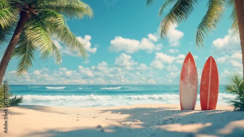 Surfboards against the backdrop of a Hawaiian beach with palm trees and a turquoise ocean.