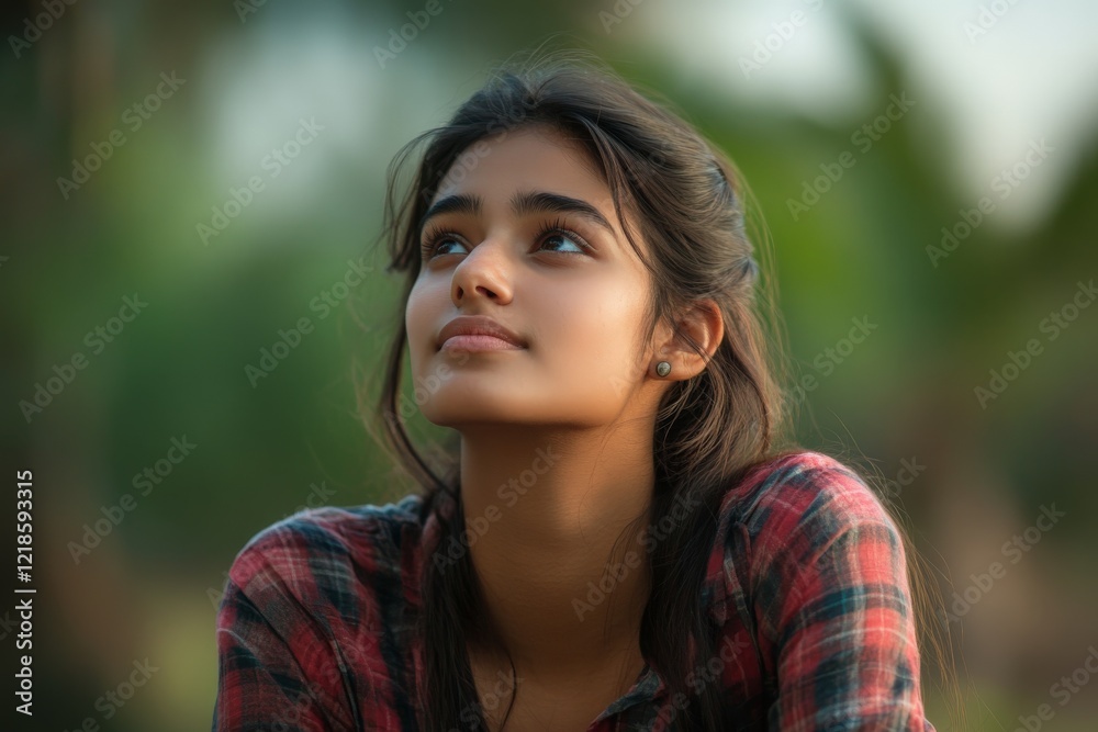Young woman gazing thoughtfully outdoors in a natural setting during daylight hours Young woman gazing thoughtfully outdoors in a natural setting during daylight hours