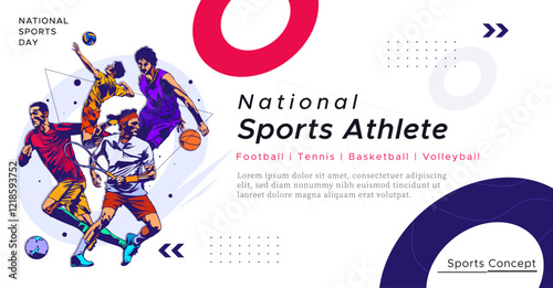 National sports day celebration design featuring illustrations of basketball, soccer, volleyball, and tennis athletes on a sporty background. Can be used for banners, web, etc. Sports day concept
