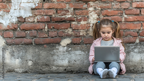 Wallpaper Mural A young girl looks at her laptop screen with curiosity, while sitting on the street in front of an old brick wall. The child is dressed casually and has long hair tied back into two ponytails.  Torontodigital.ca